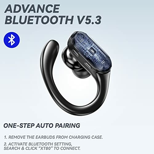 Bluetooth earbud with V5.3 technology and auto pairing instructions.