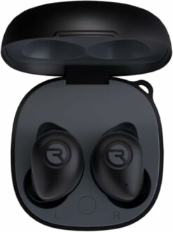 Black wireless earbuds in an open charging case.