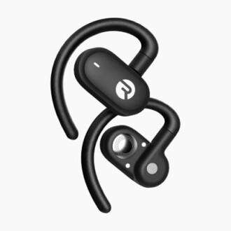 Black wireless earbuds with hooks on a white background.