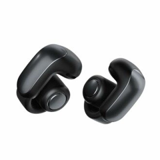 Black wireless earbuds against white background