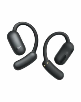 Black wireless earbuds with a unique curved design