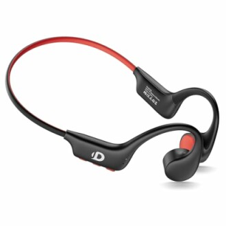 Bone conduction headphones with red and black design.
