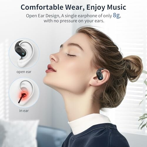 Woman wearing lightweight open ear earphones with comfort comparison.