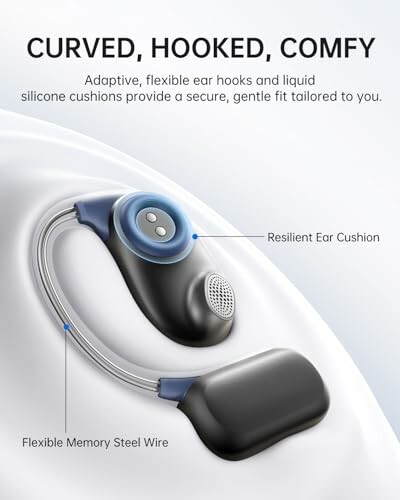 Earbud with flexible ear hooks and silicone cushions for a secure fit.