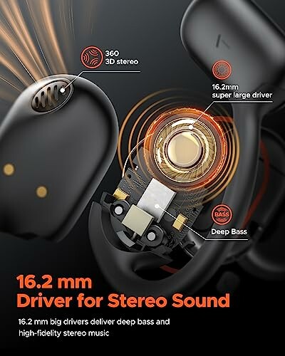 Close-up of earbuds highlighting 16.2 mm driver for stereo sound.