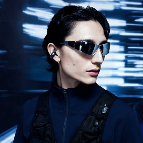 Person wearing futuristic sunglasses and earphones with a blurred background.