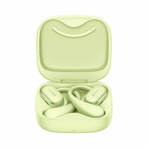Green Huawei earbuds in an open case