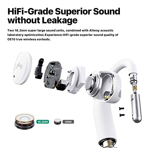 Exploded view of HiFi-grade wireless earbuds showcasing components.