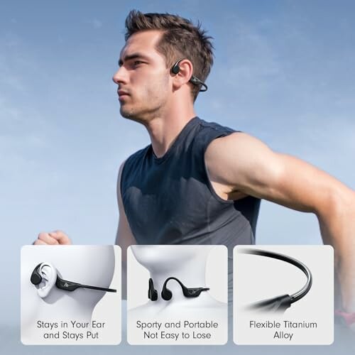 Man jogging with wireless earphones, featuring product details.