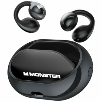 Black Monster wireless earbuds with charging case.