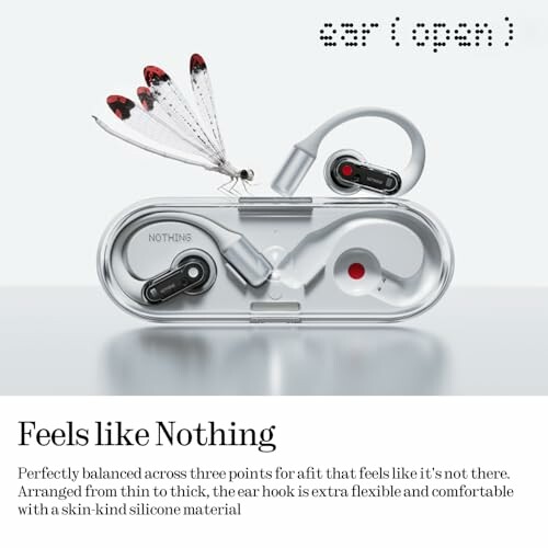 Earbuds with dragonfly perched on them, showcasing design and flexibility.