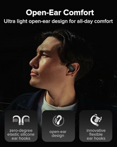 Man wearing open-ear headphones with features listed below.