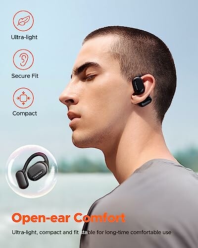 Person wearing open-ear headphones with comfort features highlighted.