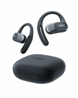 Open-ear wireless earbuds with charging case.