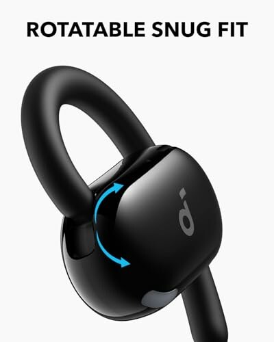 Rotatable snug fit black earbuds with arrow indicating movement.