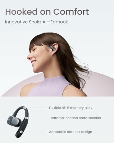 Woman wearing Shokz Air-Earhook with product features.