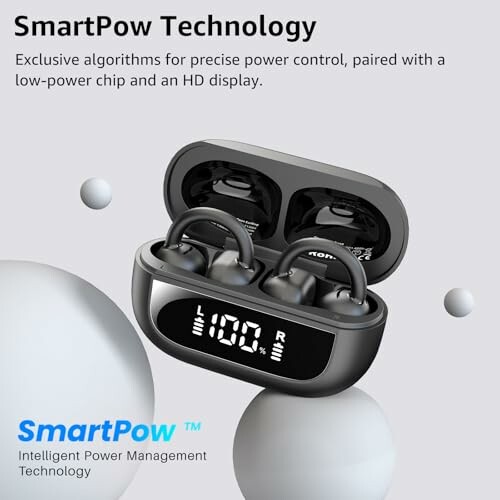 SmartPow earbuds in a display case with digital screen.