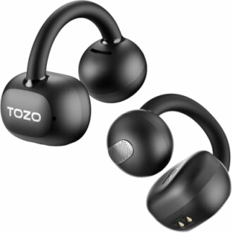 TOZO wireless earbuds with sleek black design.