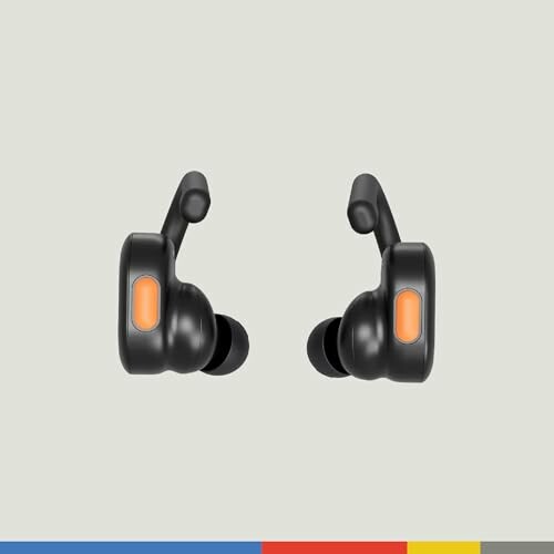 Black wireless earbuds with orange accents