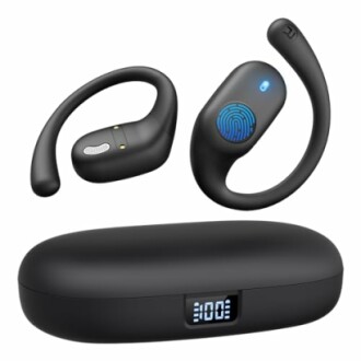 Wireless earbuds with charging case, displaying battery level.