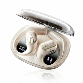 Wireless earbuds in a charging case with LED display