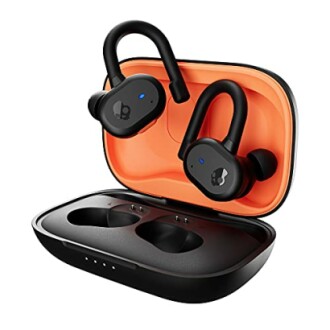 Wireless earbuds with charging case, orange interior