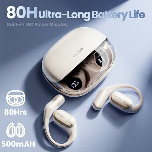 Wireless earbuds with charging case, 80-hour battery life.