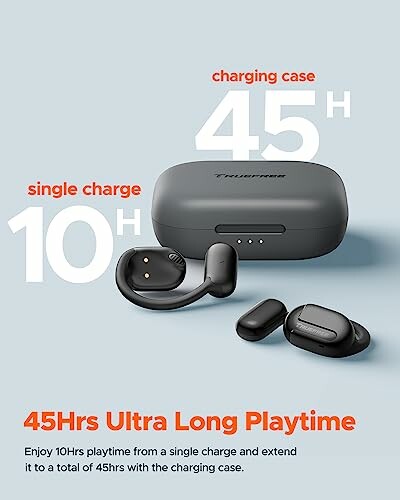 Wireless earbuds with charging case and playtime details.