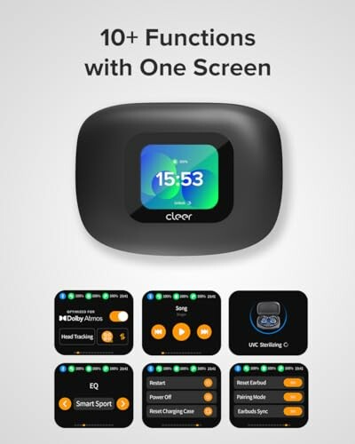 Wireless earbuds with multifunction screen displaying time and features like Dolby Atmos, EQ, and pairing mode.