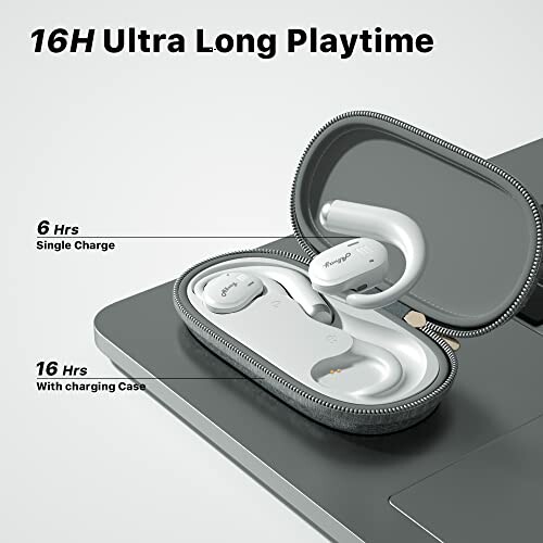 Wireless earbuds with case showing 16H playtime.