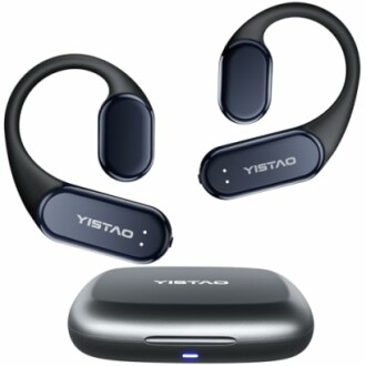 Wireless earbuds with a charging case.