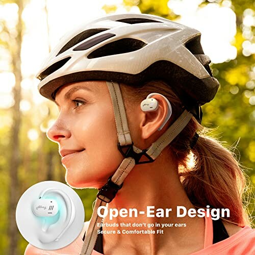 Woman wearing a helmet with open-ear earbuds.